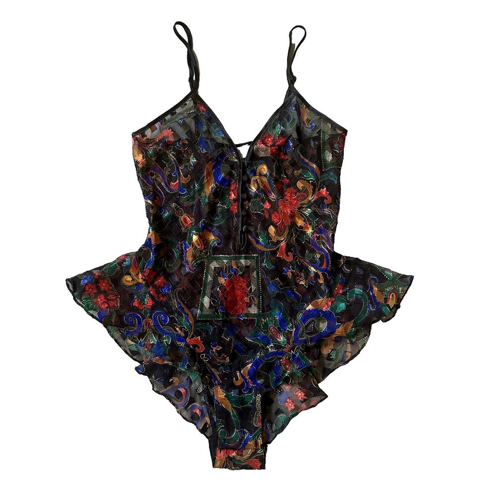 NEW Vtg VICTORIA'S SECRET Gold Label Dark Floral Teddy Bodysuit P Romance Goth